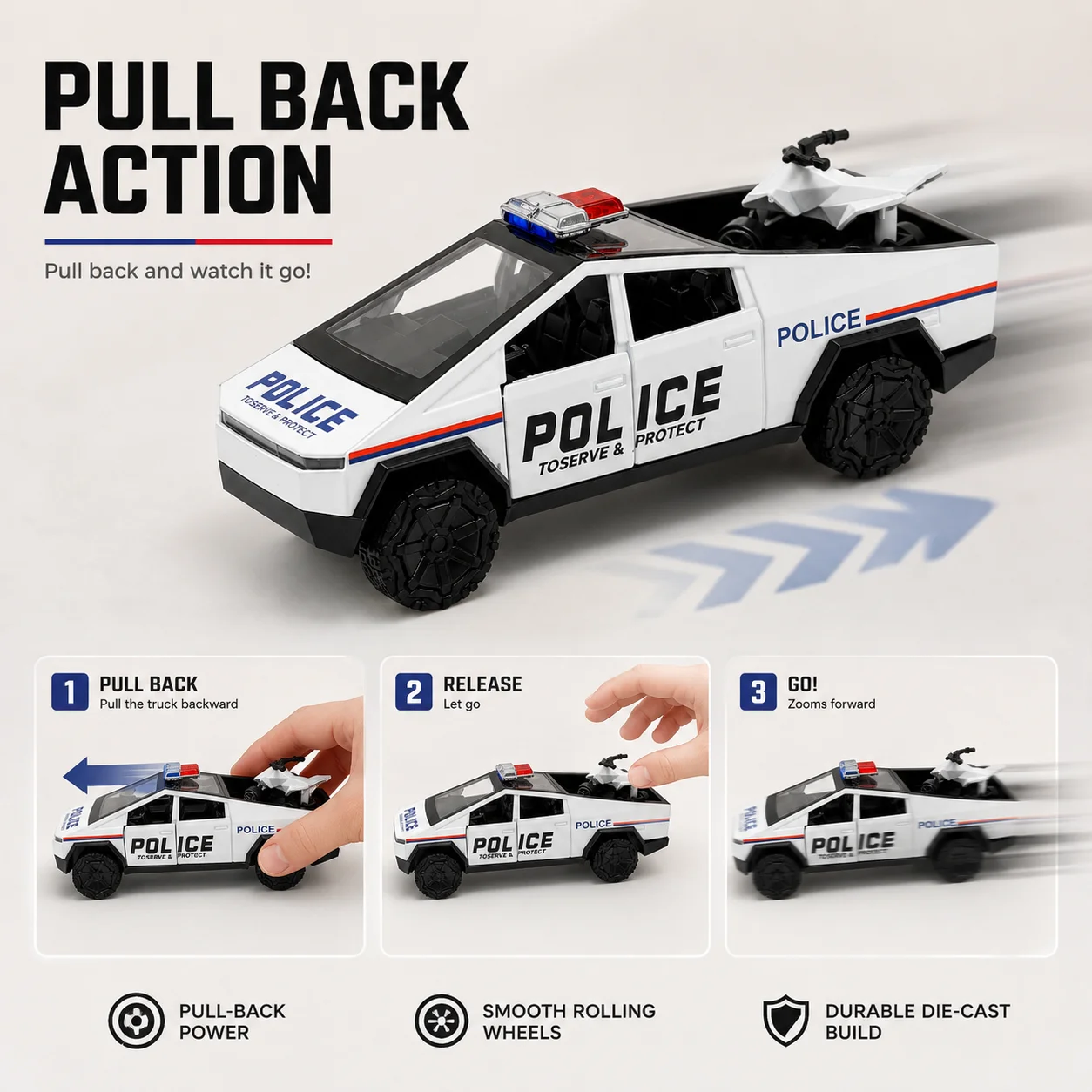 (Corrugated Box) 1/36 Scale, Alloy Sci-fi Police Truck Style Toy Car, Powerful Spring, Metal Casting,the Best Gift.