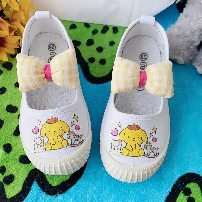 Anime Sanrios Kuromi Cinnamoroll My Melody Pompom Purins Kid Canvas Shoes Cartoon Cute Kindergarten Girl Indoor White Shoes Gift