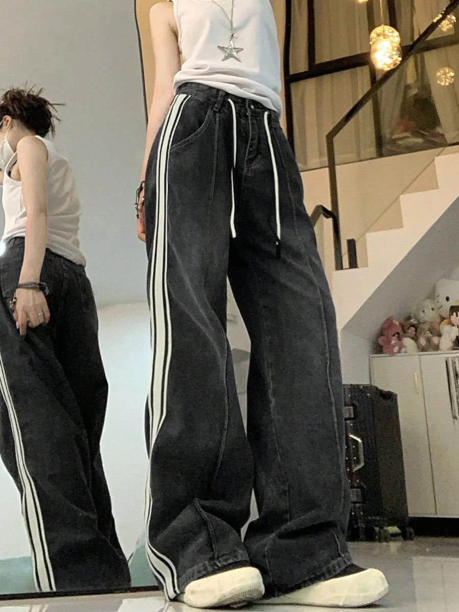 

Chic American Retro Summer High Waist Wide Leg Pants Drawstring Loose Straight Cut Denim Jeans for Women Stripe Pattern