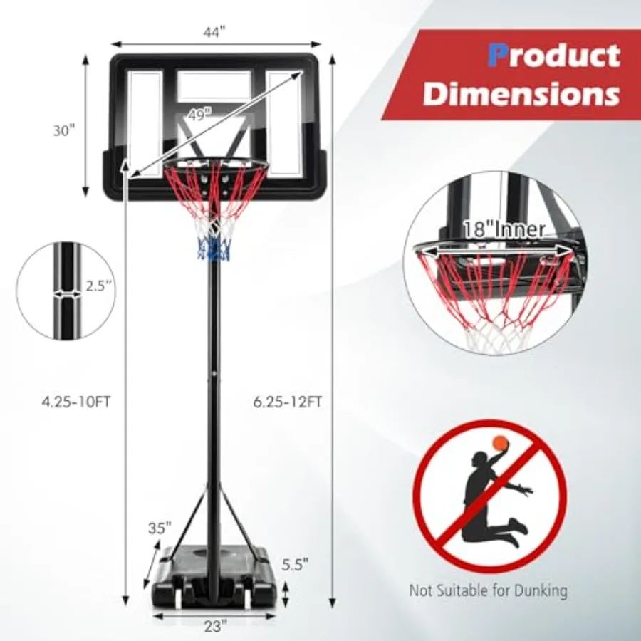 Outdoor Basketball Hoop with Height Adjustable Feature from 4.25 to 10 Feet Portable Design with 44-Inch Shatterproof Backboard