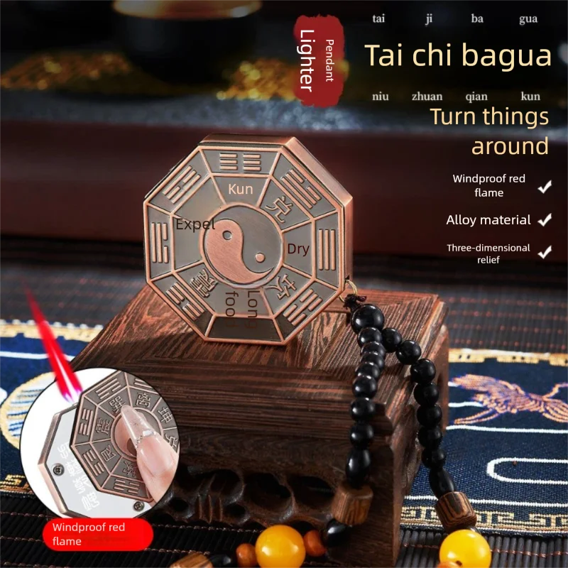 New Chinese Relief Gossip Culture Retro Windproof Lighter Men's Pendant Windproof Red Flame Lighter Butane Smoking Set Gift
