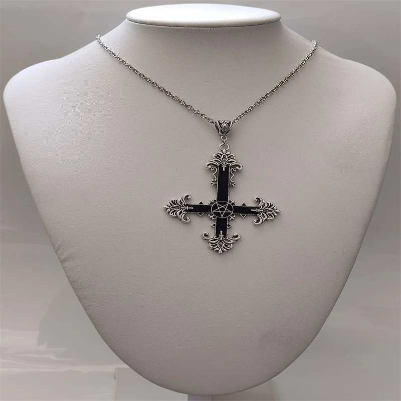 Indie GoIndie Gothic Enamel Inverted Upside Down Cross Pendant Necklace Vintage Gothic Satanic Pagan Wiccan Druid Occult Jewelry