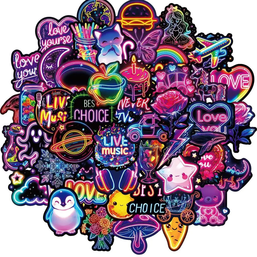 50Pcs Cool Neon Light Stickers, Animal Doll Love Heart Rose Assorted Non‑repeat Decals for DIY Aesthetic AnimeWorlds Store