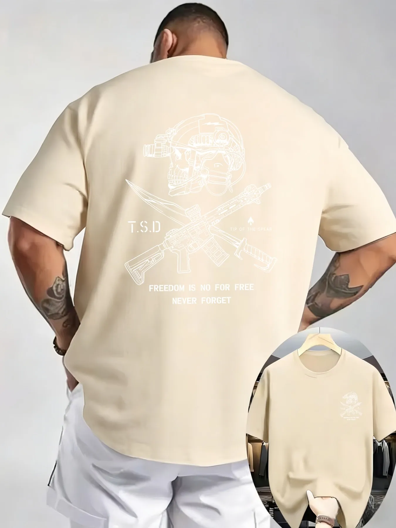 Skull Helmet and Firearm Print Men's Short-Sleeve T-Shirt Suitable for Casual and Commuting Wear
