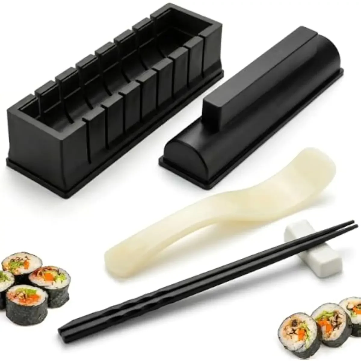 4-in-1 Sushi-Roller-Set mit verstärkter Plastikform für perfekte runde Maki-Rollen – Enthält Rahmen, Basis, Pressdeckel und Reisschaufel