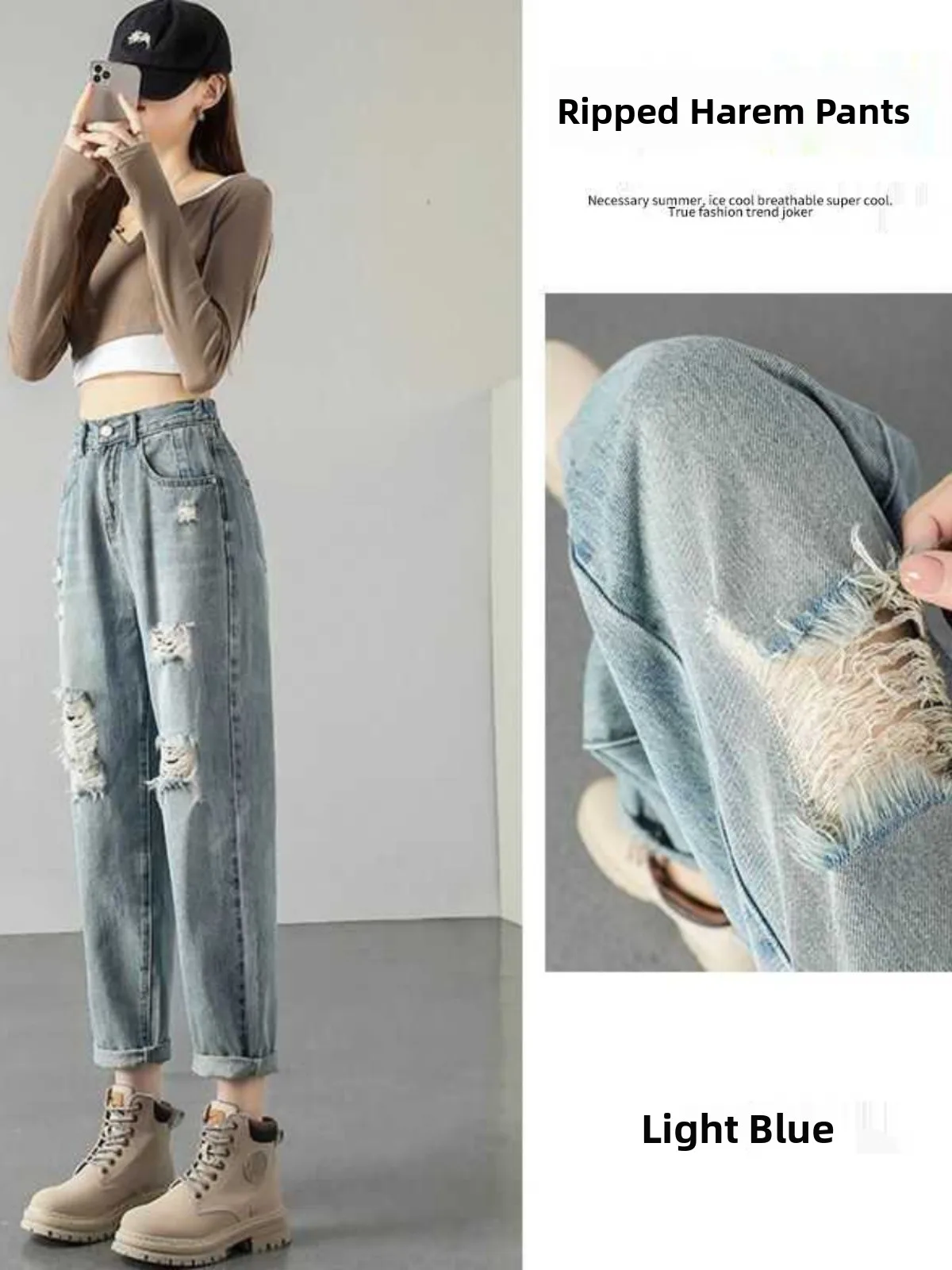 Light Wash Dad Jeans Women's High Waist 2026 New Thin Loose Fitting Summer Hole Harem Pants Casual Versatile Loose Fit Jeans