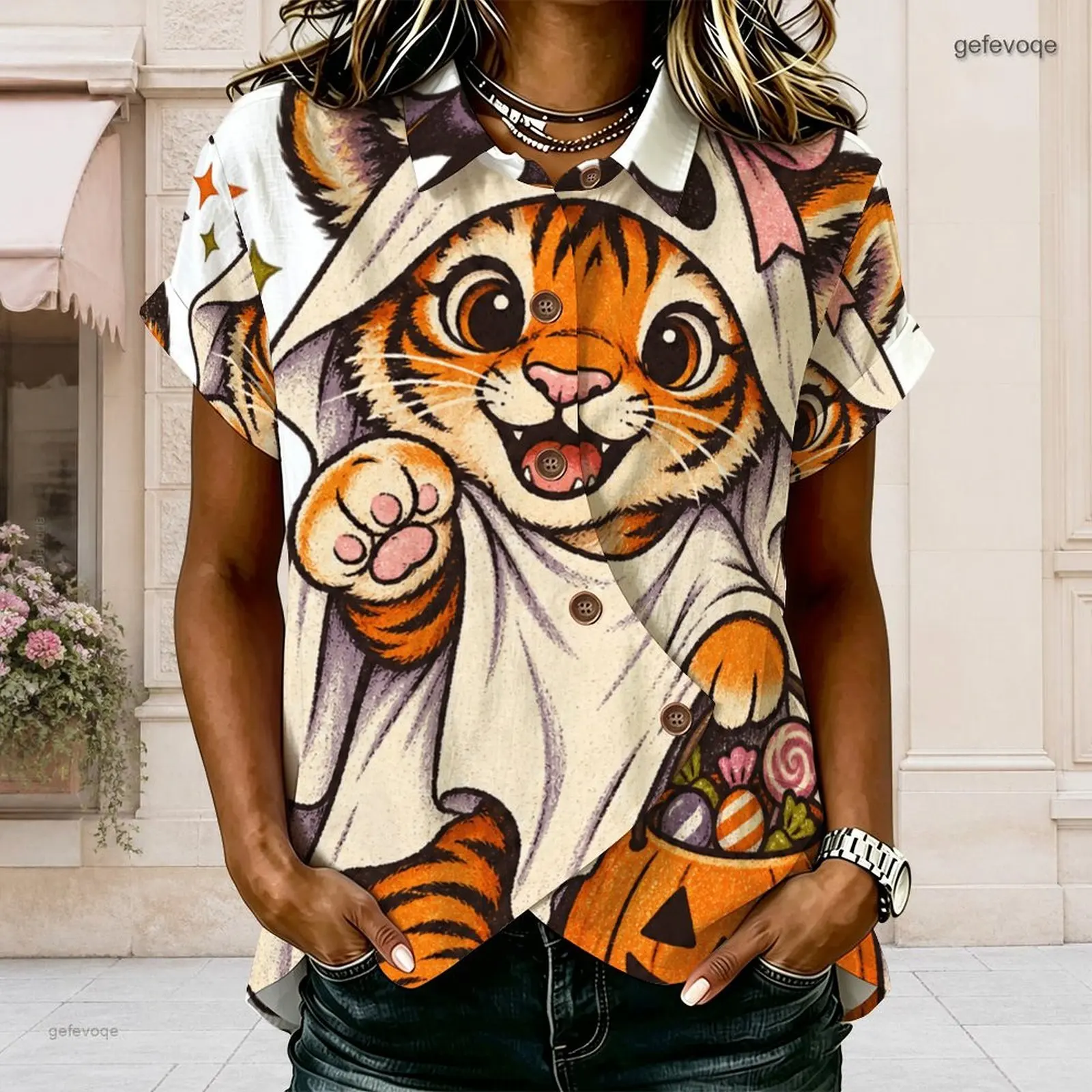 Women Short Sleeve Collared Button Front Shirt Printed Cute Cartoon Tiger in Ghost Costume with Pumpkin Candy Motif