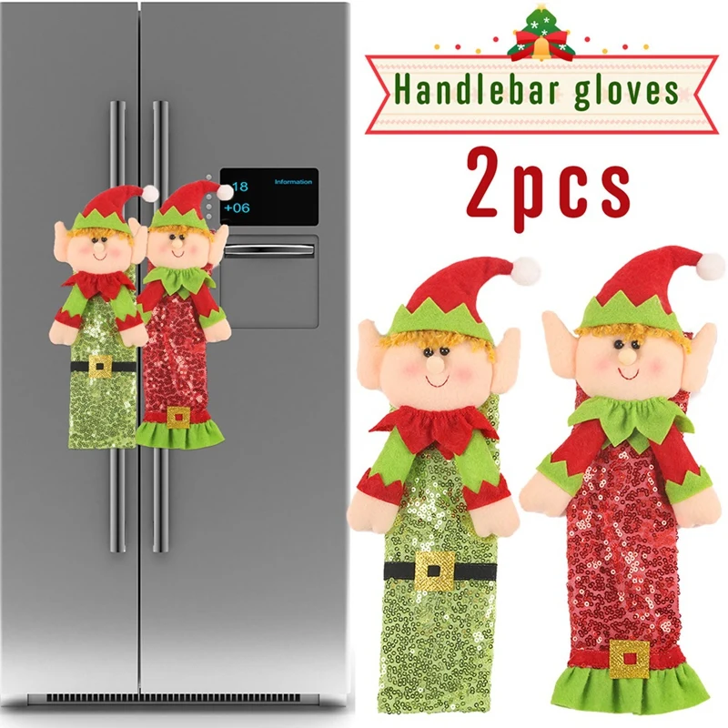 2PCS Christmas Refrigerator Handle Covers Cute Door Handle Gloves Sequin Handle Protector Cartoon For Fridge Microwave