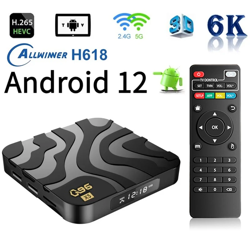 Caixa de TV Inteligente Q96 X5, Android 12, Allwinner H618, UHD, HDR10, 6K, H.265, 4G, 5G, Banda Dupla WiFi, BT 4.0, Home Theater, 4GB, 64GB