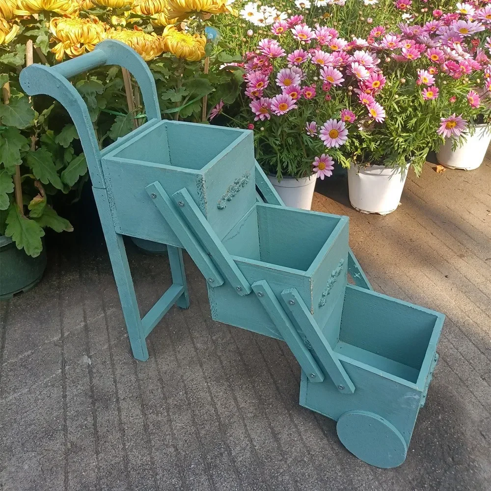 ‌Best Seller Solid Wood Plant Stand Cart - 3 Tier Rolling Flower Shelf for Garden Patio, Mobile Bonsai Organizer Balcony Decor
