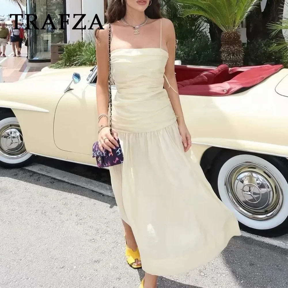 TRAFZA 2024 Spring Summer Beach Style Women Dresses Fashion Casual Folds Solid Camisole Strapless Chic Ladies Long Dresses