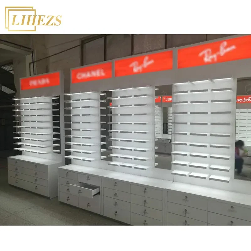 custom.Lighting Eyewear Eyeglass Store Shelves Display Lighting Optical Store Stand Sunglasses Display Cabinet With Mirror