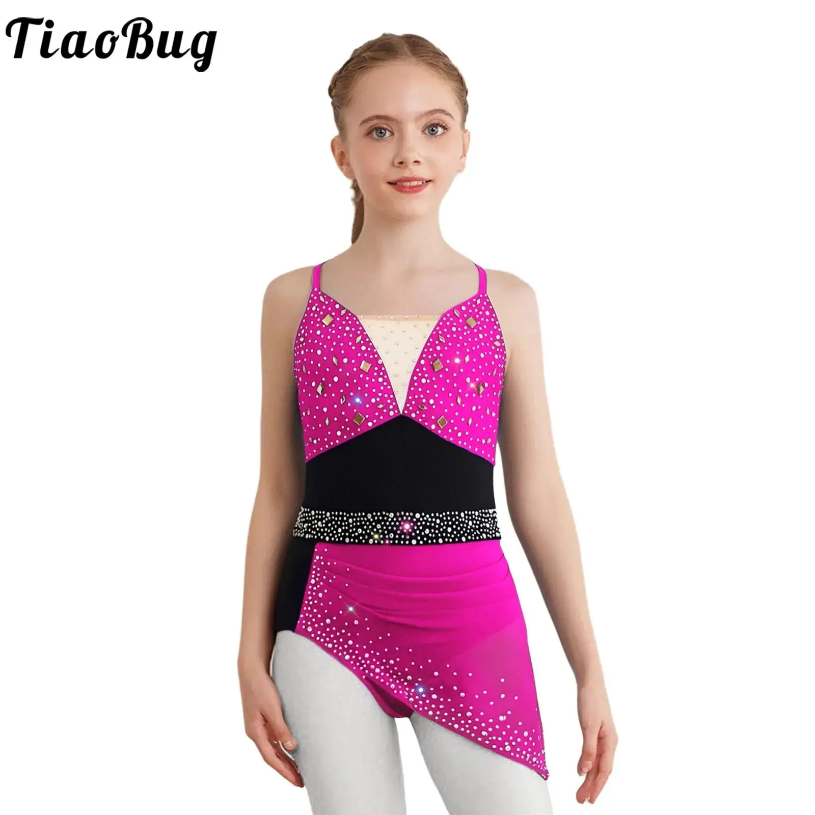 

Girls Gymnastics Ballet Jersey Leotards Figure Skating Lyrical Dance Costume Sleeveless Sparkly Rhinestones Mesh Skirted Leotard