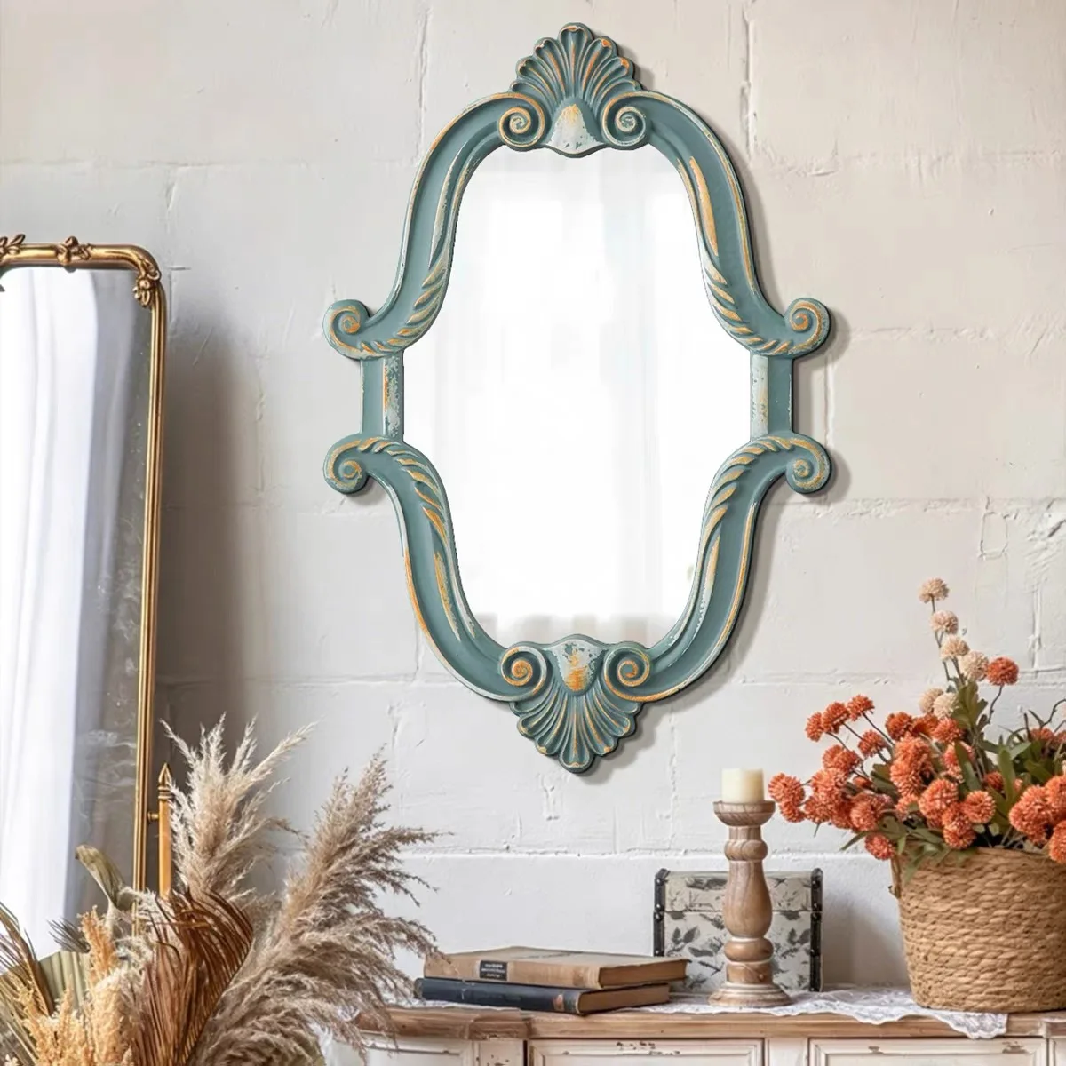 French Vintage Blue Wall Mirror Ornate Carved MDF Frame Distressed Vanity Mirror for Entryway Living Dining Room Home Decoration