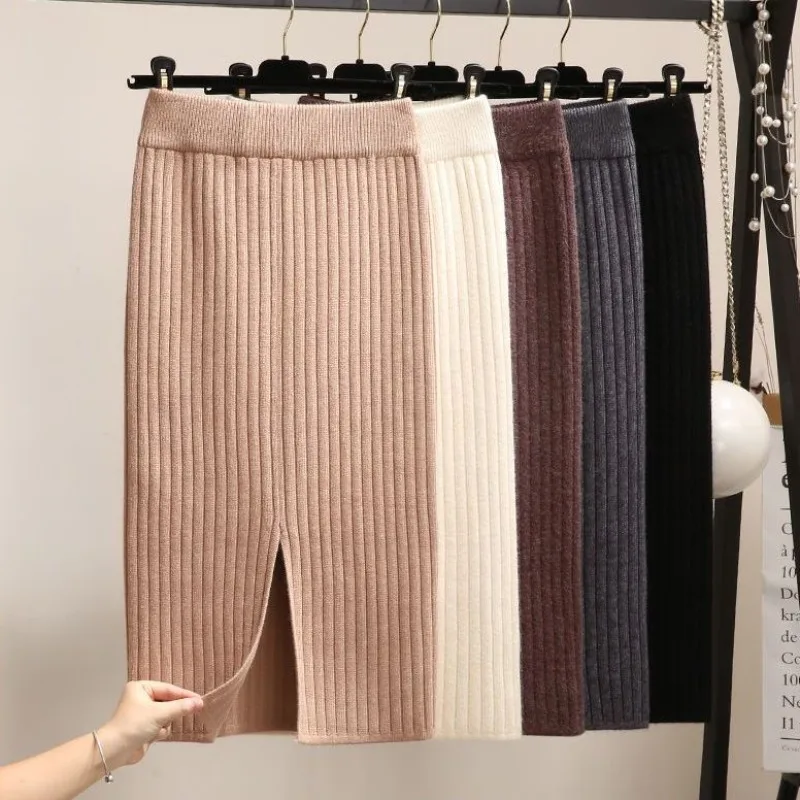 Dehnbarer gestrickter Bleistiftrock, lang, hohe Taille, figurbetont, mit Schlitz, Winter-Arbeitsrock für Damen, Büro, lässig, Midi-Kleid