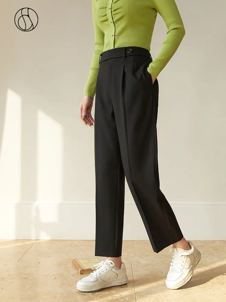 DUSHU High Waist Women Casual Suit Trousers Waist Pleated Design Solid Commuter Tapered Cropped Suit Pants Women Spring Pant