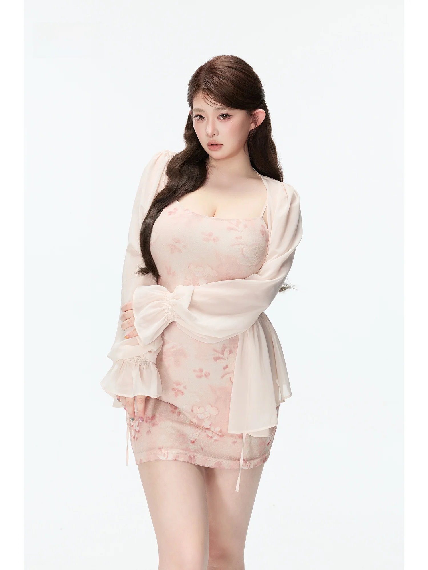 

Elegant Floral Print Summer Dress Waist-Cinching Gentle Long Sleeve Beautiful Sweet Girl's Dress Zhou Bai Zi Women's Fashion