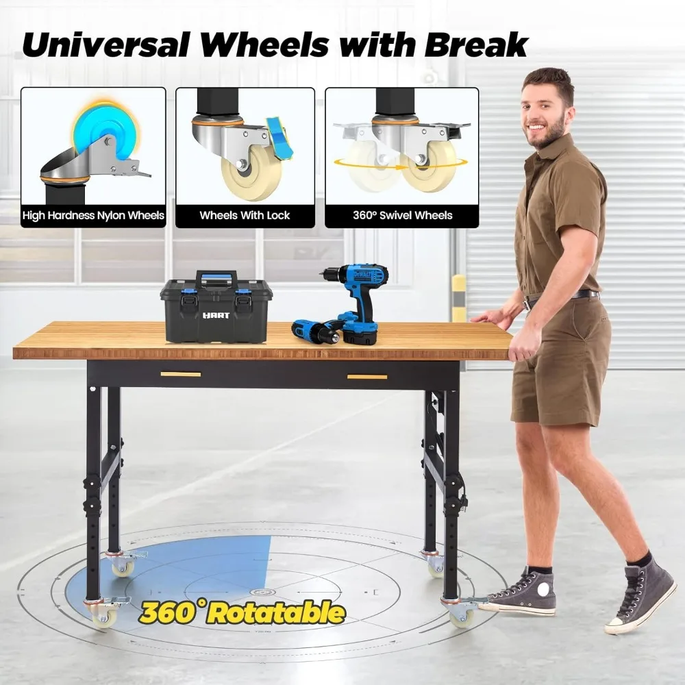 Work Bench, Workbench with Drawer, Power Outlet, Wheels, 59×23.6" Heavy Duty Adjustable Work Table for Garage, Workshop,