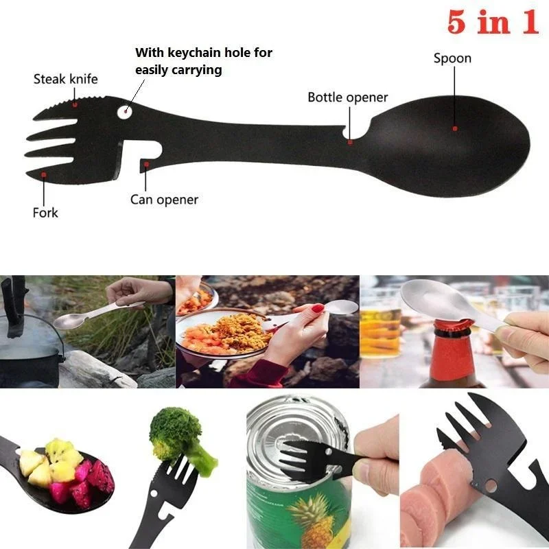 Multifunctional Camping Spork Stainless Steel Spoon Fork Knife Combo Utensil with Bottle Opener Survival Multitool