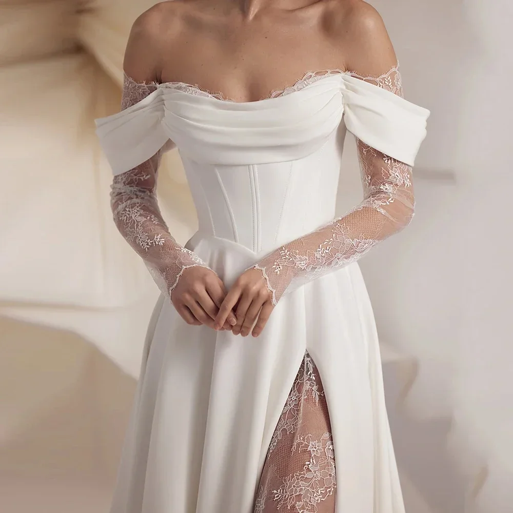 

Customzie Simple Wedding Dresses Line Sexy A Line Split Lace Appliques Bridal Gowns Off The Shoulder Pleat Satin Elegant Vestid