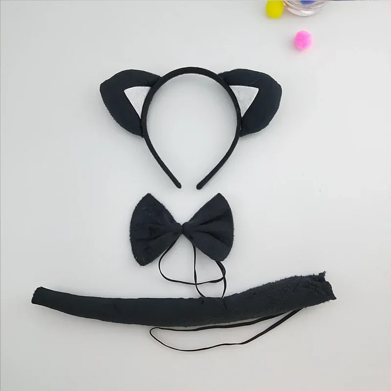 Adult Kids Plush Boy Headband Tail Tie Black  Fox Cat Animal Ear Gift Birthday Party Cosplay Costume Christmas Halloween