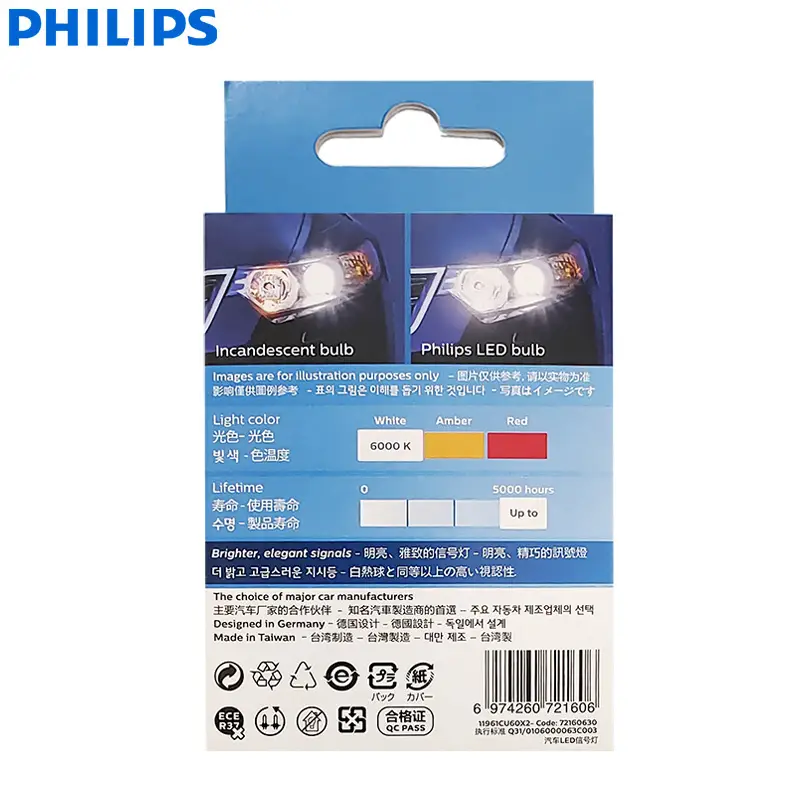 Philips Ultinon Pro6000 LED T10 W5W 6000K Cool White Bright Car Interior Light Turn Signals No Flash Flickering Error Free, Pair - 2