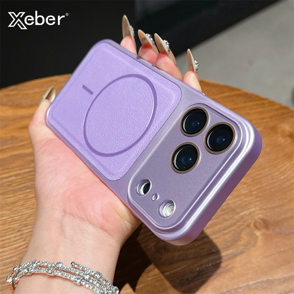 Luxuriöse Litchi-Lederhülle für iPhone 17 16 15 14 Pro Max 12 11 13 Pro mit großem Glasfenster für MagSafe Armor Bumper Plating Cover