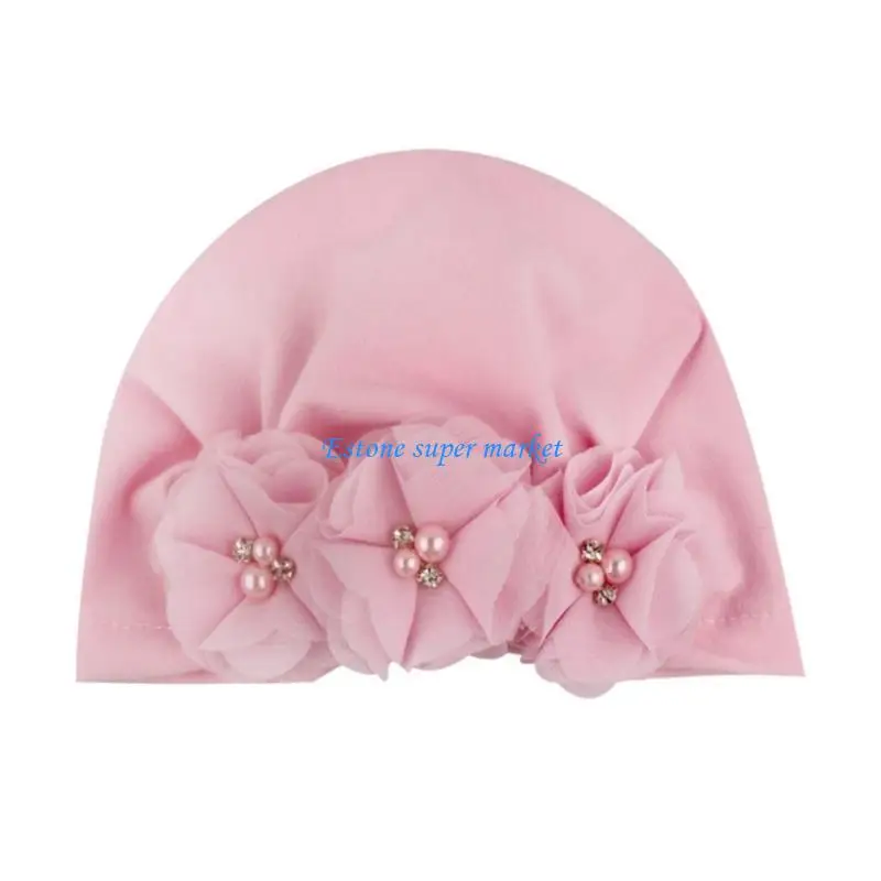 

090B Beanie Cap Headwrap Nursery Hospital Solid Turban Hat Baby with Big Flower for Infants Toddlers 0-3 Year Bonnet Cap