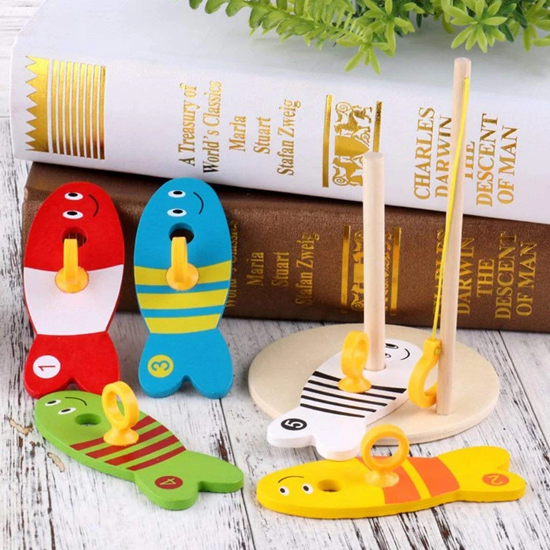 8Pcs/Set Wooden Fishing Digital Toys Baby Kids Fish Set Column Blocks Game Children Cute Early Educational Cartoon Toy