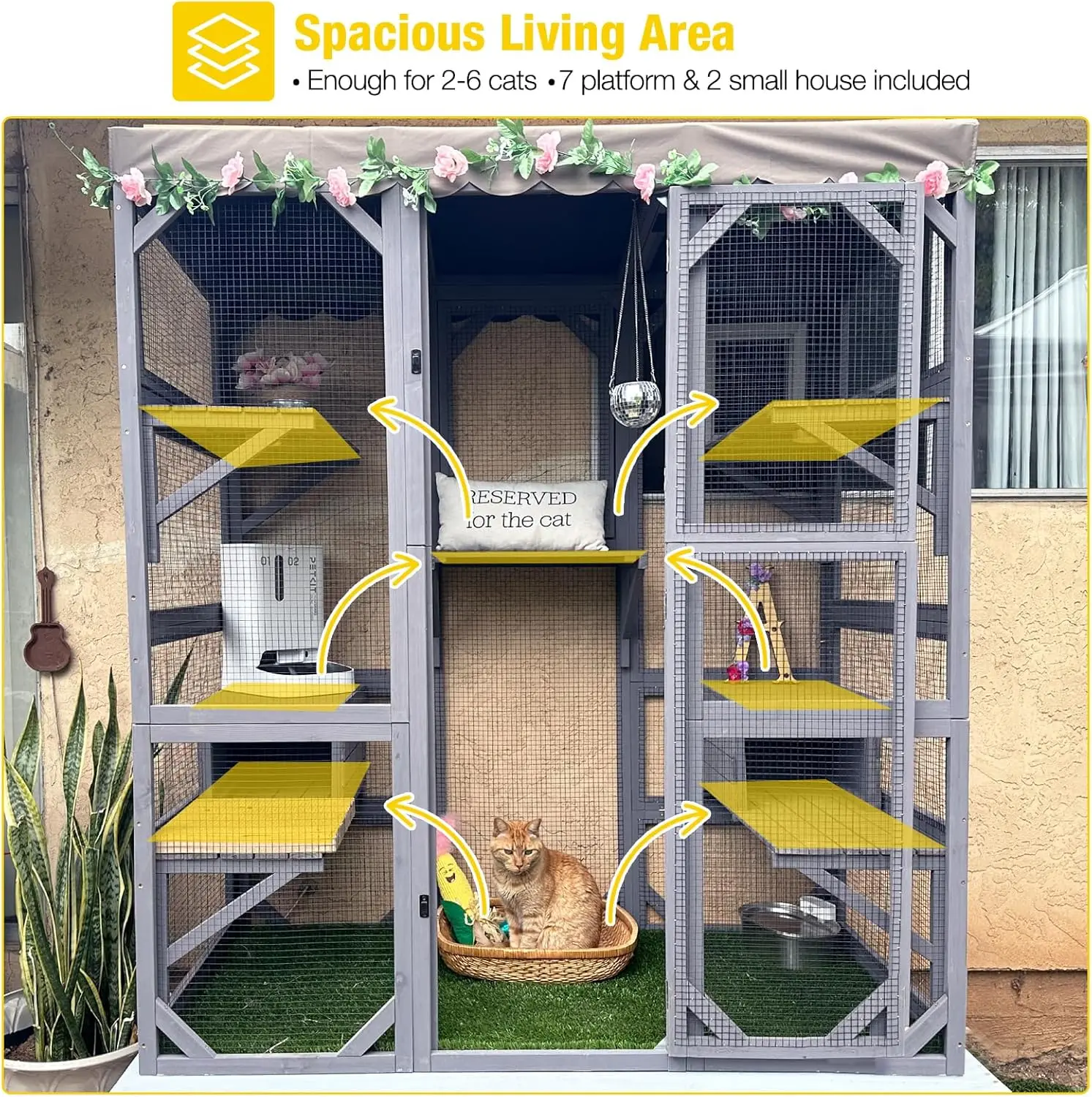 Catio rumah kucing besar, rumah kucing luar ruangan untuk Mulitiple kucing berjalan di kandang kucing dengan atap terpal 70"