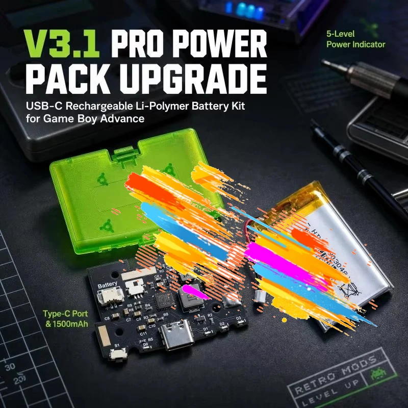 V3.1 Retro BOY GBA Li-Polymer Battery Mod Kit, USB-C Rechargeable 5-Level Indicator Power Pack Upgrade for Game Boy Advance