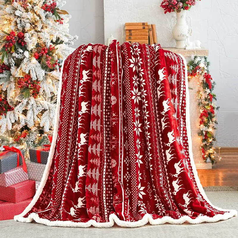 Red Christmas Blankets Holiday Throw Blanket for Couch Bed Soft Christmas Fleece Thick Winter Warm Cozy Flannel Home Decorations