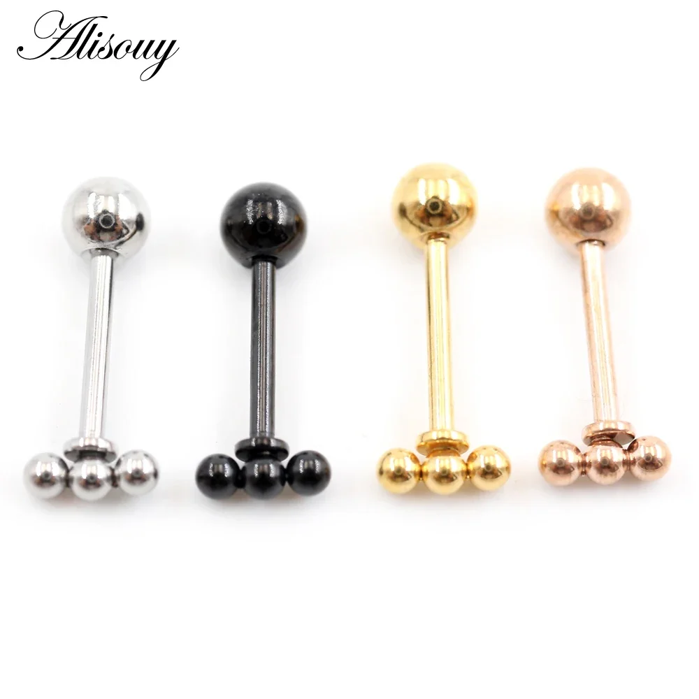 Alisouy 2PC Fashion Small Three Balls T bar Stud Earrings for Women Punk Stainless Steel Black/Gold color Ear Bone Nail