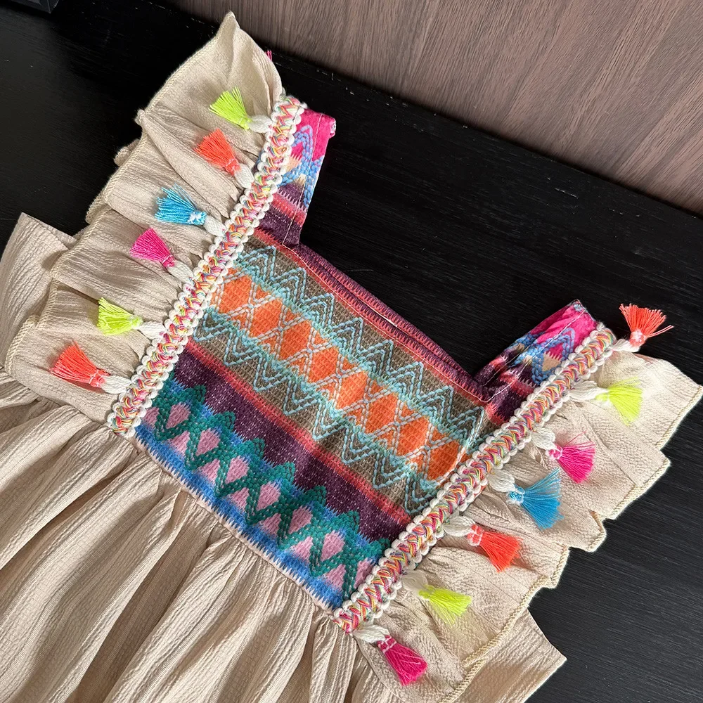 Casual Khaki Bohemian Style Striped Fringe Square Neck Flying Sleeve Dress for Girls 3-7 Summer