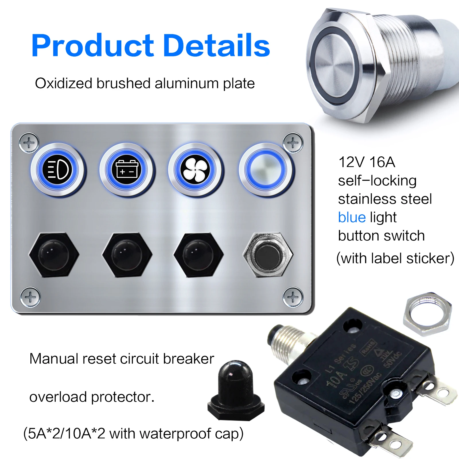 Oxidation-Resistant Aluminium 4 Gang ON-Off Ignition Push Button Switch Panel with Reset Circuit Breakers