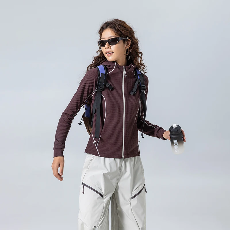 Outdoor Sporty Hiking Women Waffle Knit Hoodie Jackets Zipper Slim Fit Long Sleeve Sports Coat Running Fitness Active Outerwear