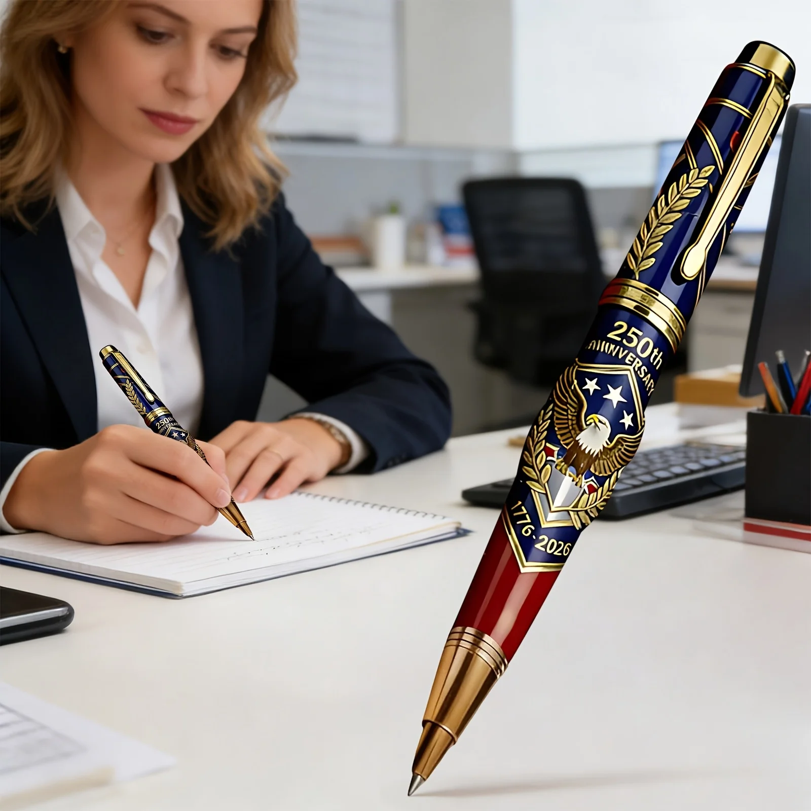 American 250th Anniversary Eagle Pattern Luxury Metal Ballpoint Pen, Vintage Embossed Enamel Collectible Pen for Business Gift