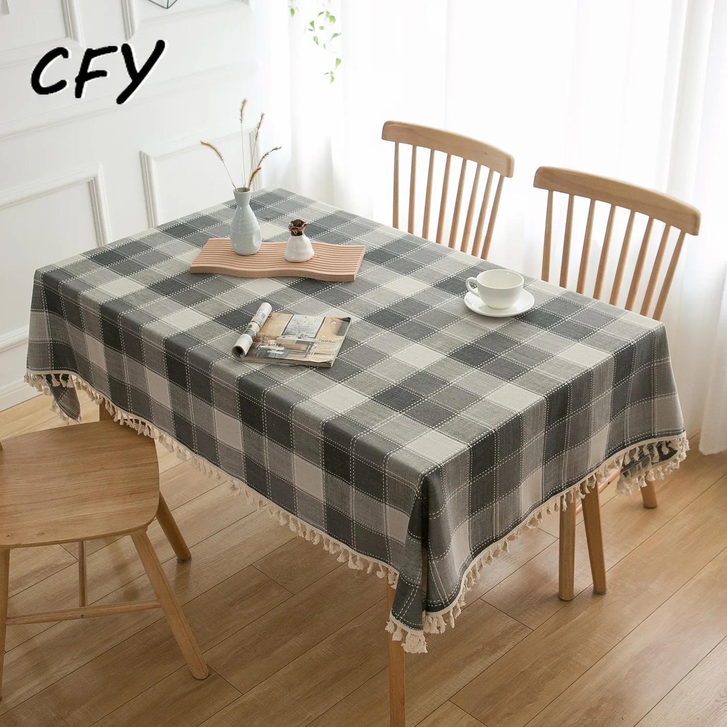 

Modern Minimalist Grid Pattern Cotton Linen Rectangular Tablecloth Home Coffee Dining Table Fireplace Microwave Cover