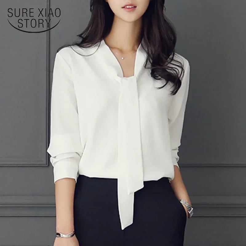 Long Sleeve Bow Tie Shirt Spring and Autumn New Fashion Women Clothing Loose Chiffon Shirt Women\'s Blouse Tops Blusas Mujer 699C