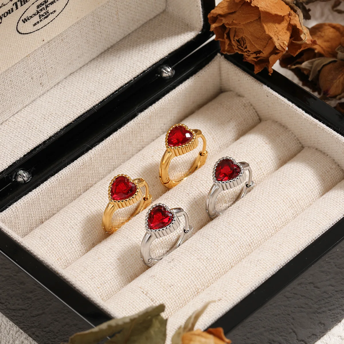 Shiny Red Love Heart Zircon Stainless Steel PVD Gold Plated Hoop Earrings Daily Fashion Accessories Girft for Studendts Women