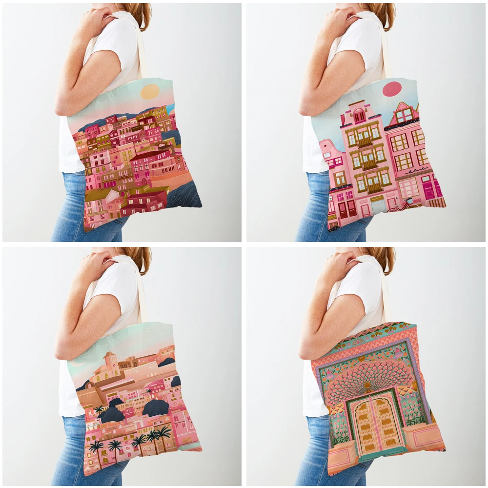 Paris Taj Mahal Muslim Dubai Morocco Travel City Shopper Bag Tote Lady Handbag Both Sides Casual Canvas Women Shopping Bags