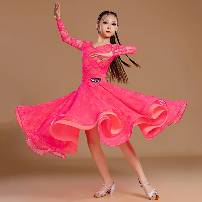 노란색 볼룸 댄스 의상 표준 현대 댄스 정장 소녀 긴 소매 레이스 성능 착용 왈츠 경쟁 드레스 VDL3491