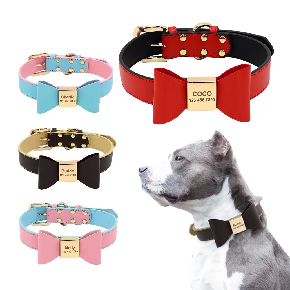Collar de cuero PU personalizado para perros, collares con lazo para mascotas, etiqueta de nombre de identificación grabada, Collar para mascotas y gatos antipérdida para perros pequeños, medianos y grandes