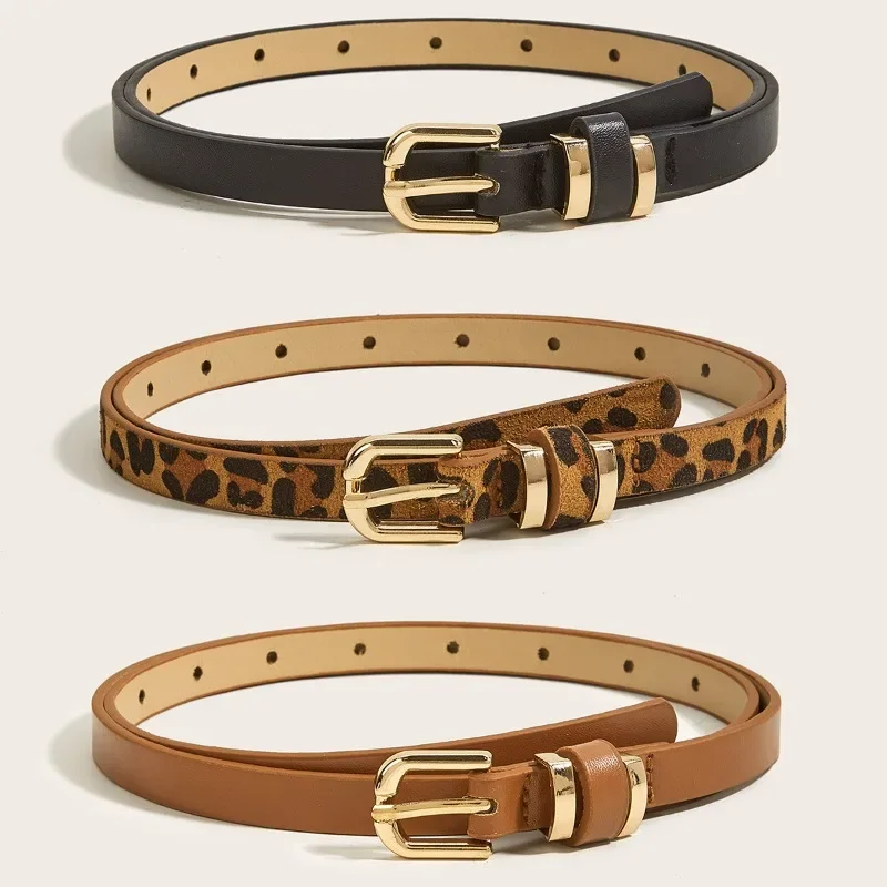 Fashion Trend Leopard Print Leather Thin Belt for Women Metal Buckle Waist Strap Designer Female Trouser Dress Coat Decoration