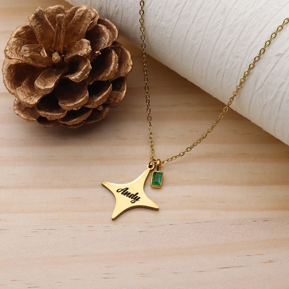 

Chandler Customized Hollow Star Name Necklace Gold Tone with Green Zircon Christmas Gift For Friend Punk Unisex Jewelry