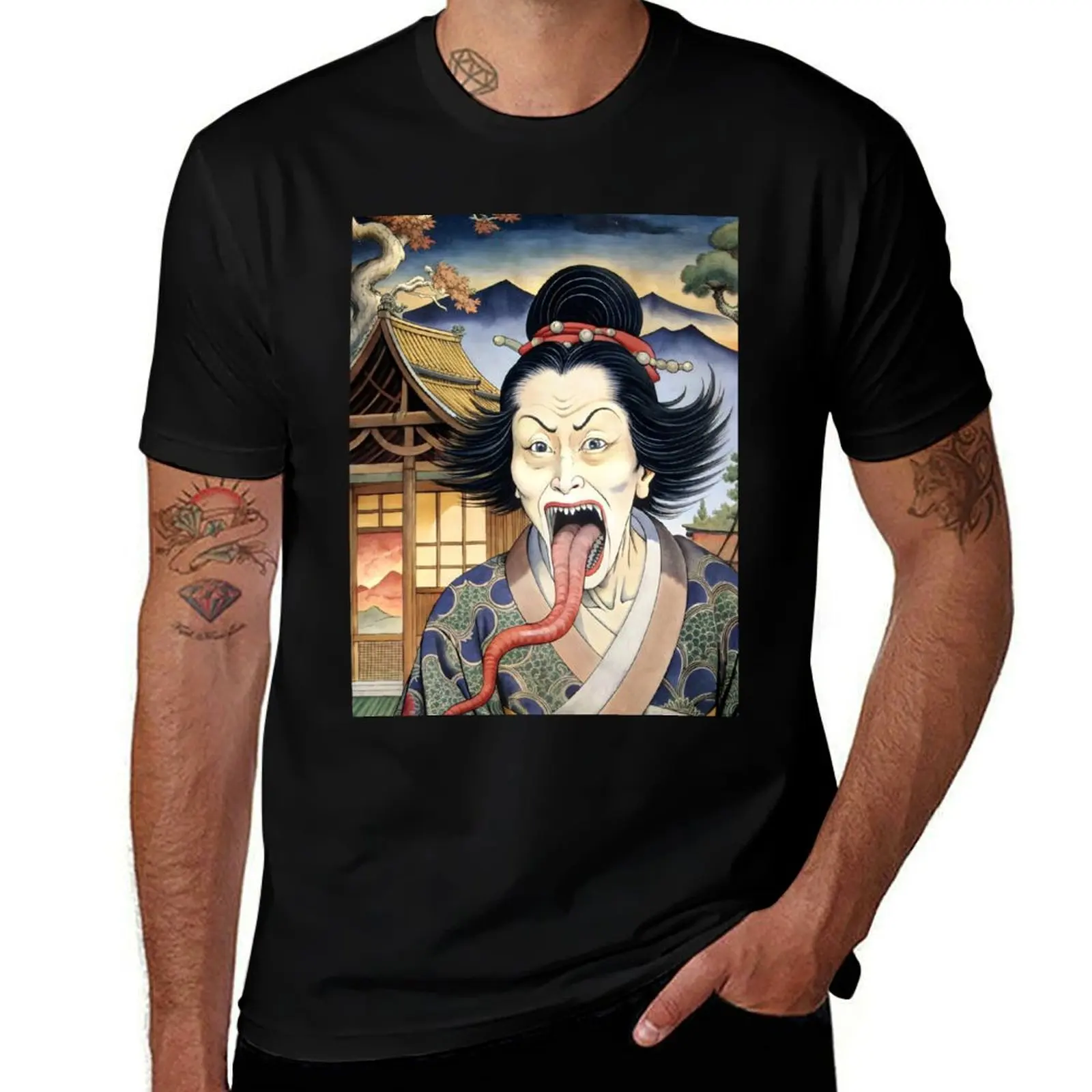 Japanese yokai rokurokubi urban legends creepy geisha ukiyo e yokai woodblock printing T-Shirt Urban Style Print T-Shirt