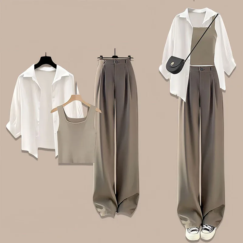 Sunscreen Shirt Spring and Summer Set for Women 2024 New High-end Style Suit Wide Leg Pants Three Piece Set Clothes for Women