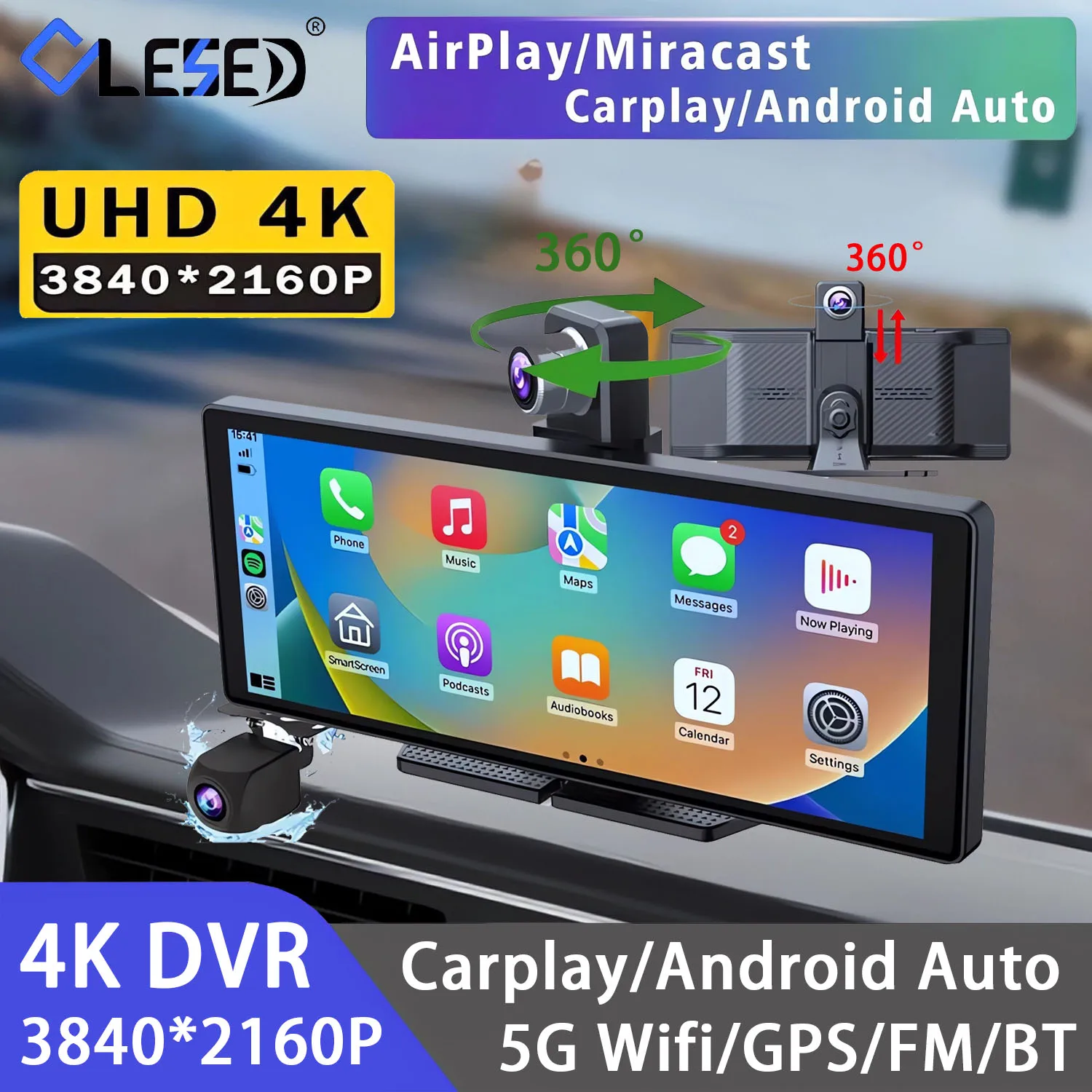 10.26 Inch 4K 3840*2160P Car Dvr Carplay Android-Auto Dash Cam Cabin GPS 5G WIFI FM BT Dual Lens Camera Dashcam Drived Record