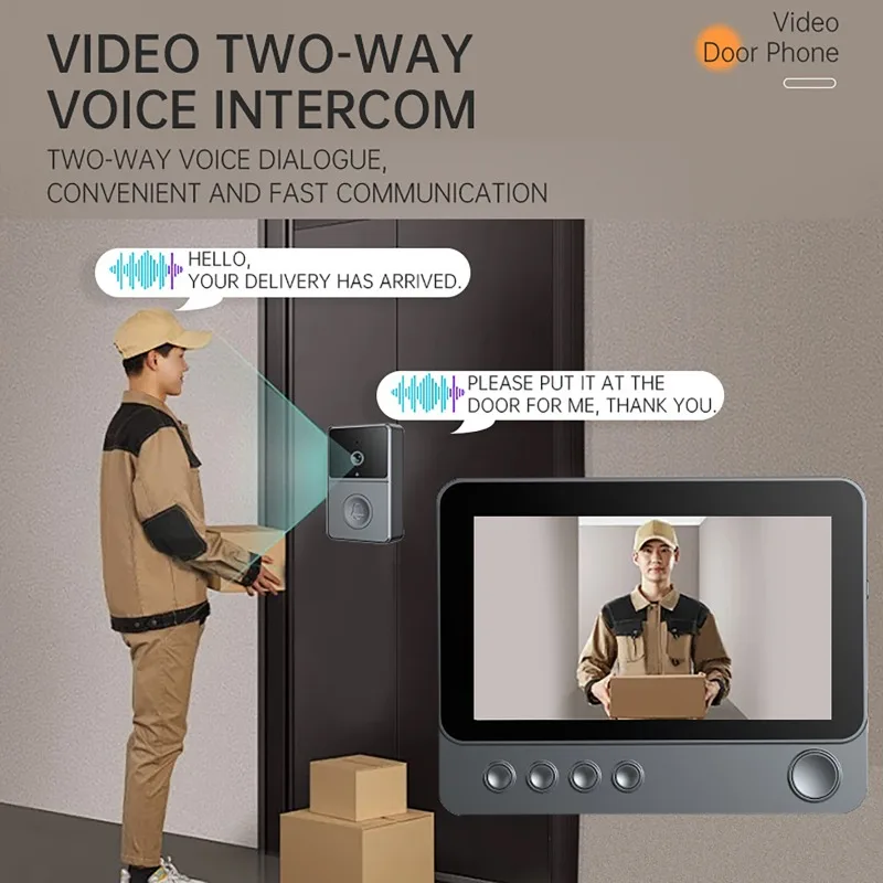 Campainha de monitoramento de vídeo 2.4G com tela IPS de 4,3 polegadas Gravação automática de fotos Visão noturna Intercomunicador bidirecional Campainha de vídeo