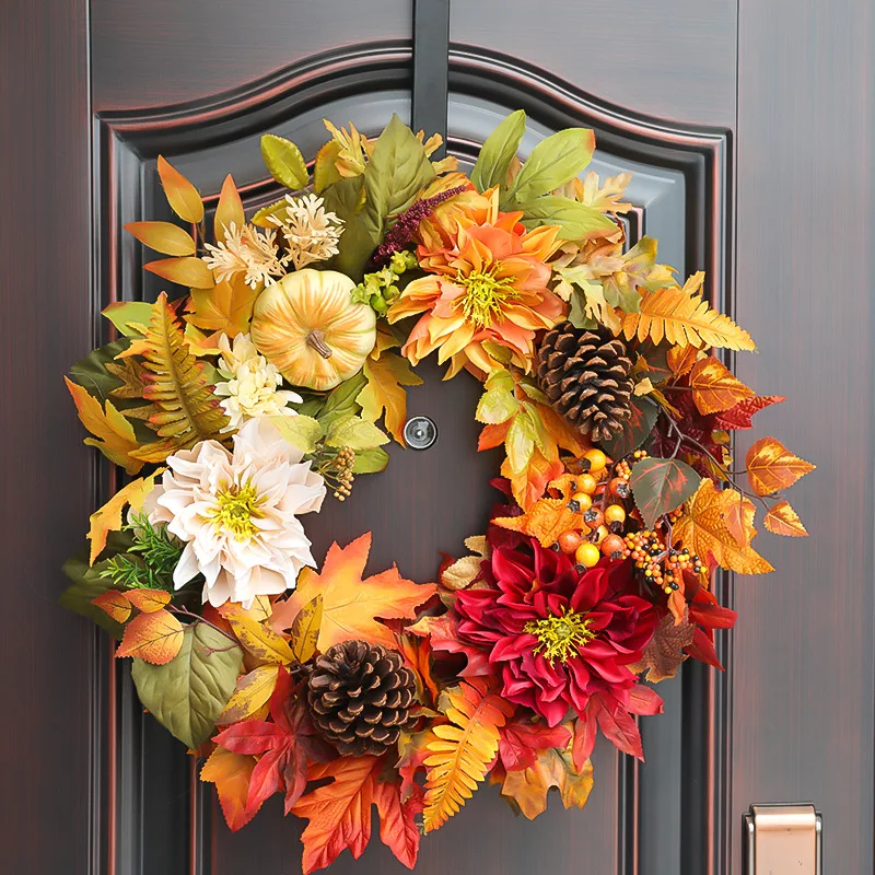 Customized simulated pumpkin maple leaf rattan ring, Thanksgiving wreath door hanging, cross-border autumn pumpkin